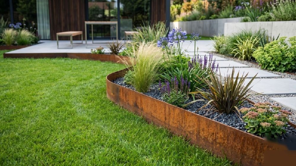 Bordure de jardin en acier corten patinée après 18 mois en extérieur