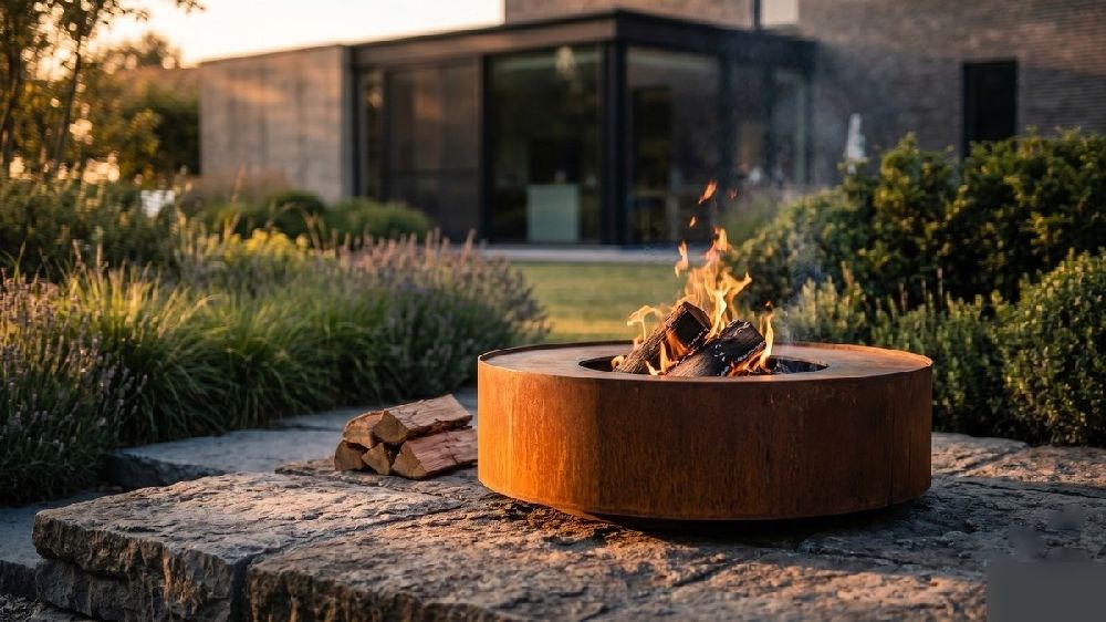 Brasero en acier corten allumé dans un jardin en soirée